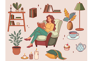 Girl is reading book in armchair, an Education Illustration by YummyBuum