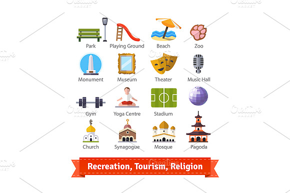Recreation Buildings Icon Set.