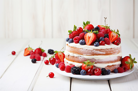Chocolate cake with fresh berries on wooden table, a Food & Drink Photo by AlyaAnd