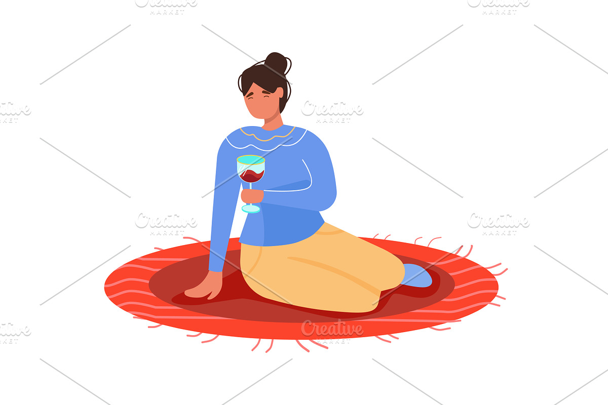 Woman relax drinking wine sitting on, a Person Illustration by vectorpointstudio