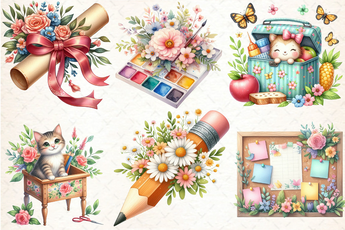 Watercolor Spring School Clipart, an Illustration by DreamCafeArt (Photo 2 of 5)