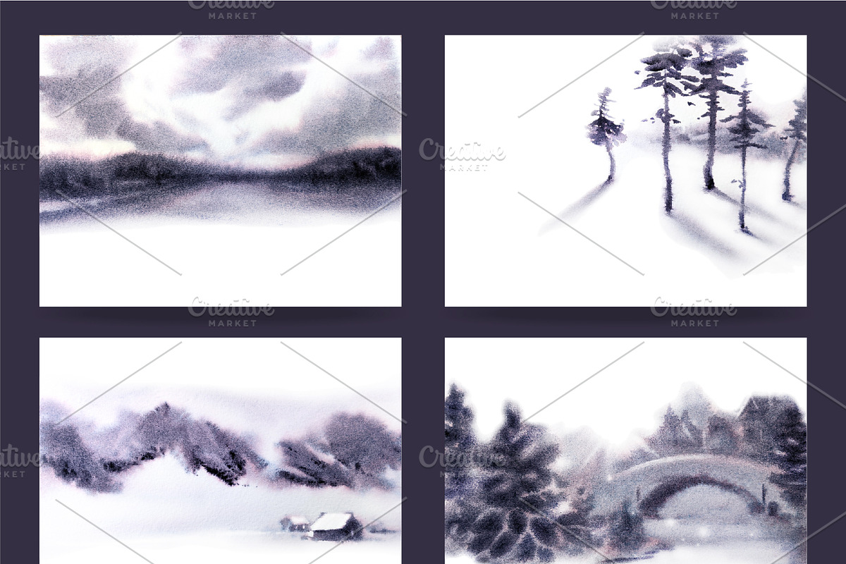 Watercolor Winter Landscapes Set, a Texture Illustration by Nuburu (Photo 6 of 14)