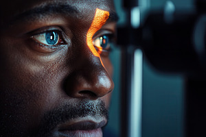 Eye exam under dramatic lighting, a Photo by Pavel_design