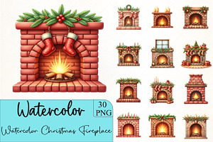 Watercolor Christmas Fireplace Clipa, an Illustration by CrexoraLab