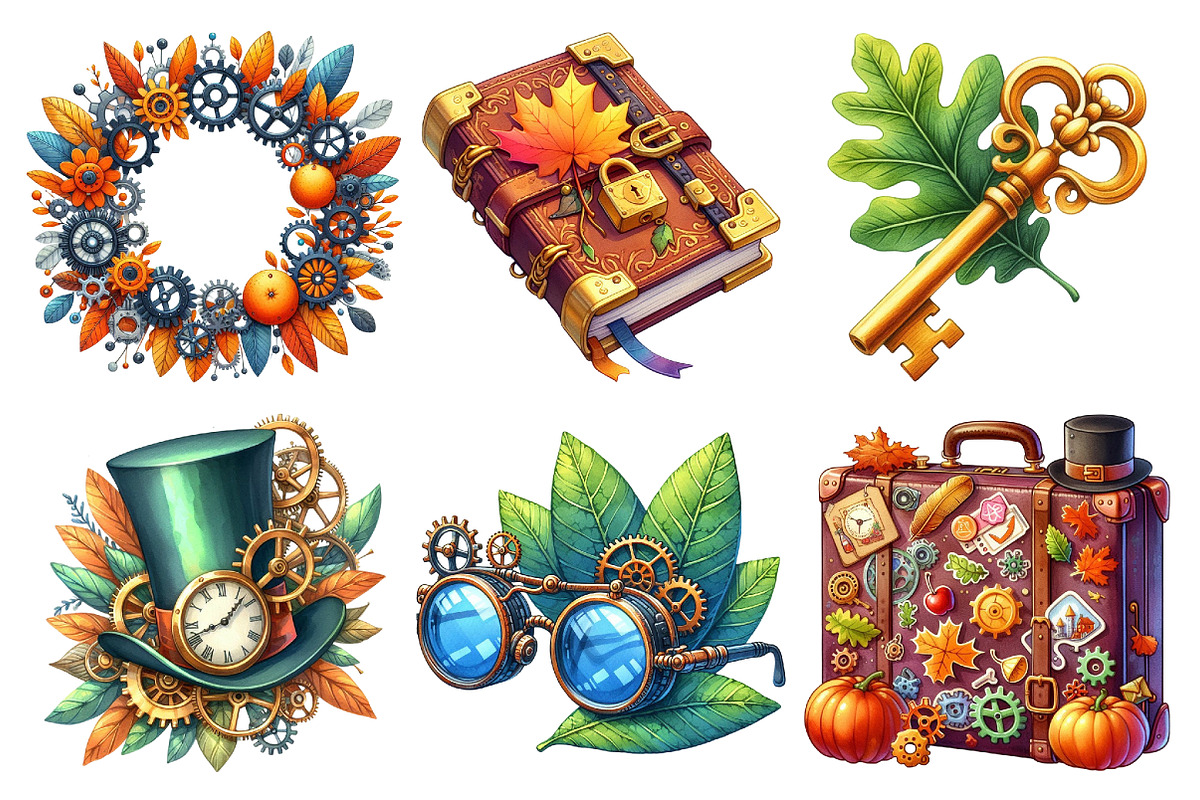 Watercolor Steampunk Autumn Clipart, an Illustration by Daily.Designs (Photo 3 of 5)