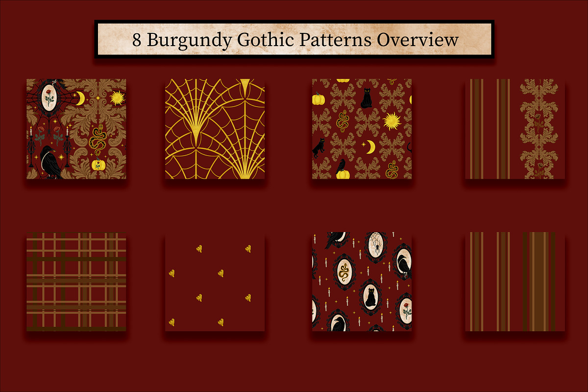 Burgundy Gothic Halloween Patterns, a Pattern Graphic by Oksana Dovhopol Art (Photo 7 of 9)