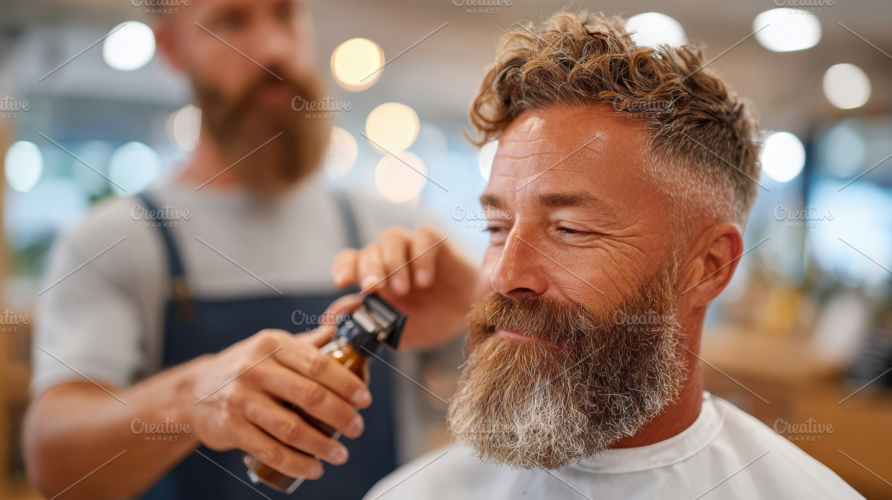 Barber giving a haircut to a smiling man, a Person Photo by AlyaAnd