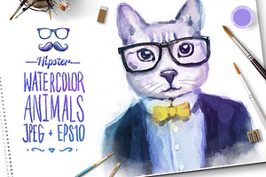 Watercolor Hipster Animals Cat