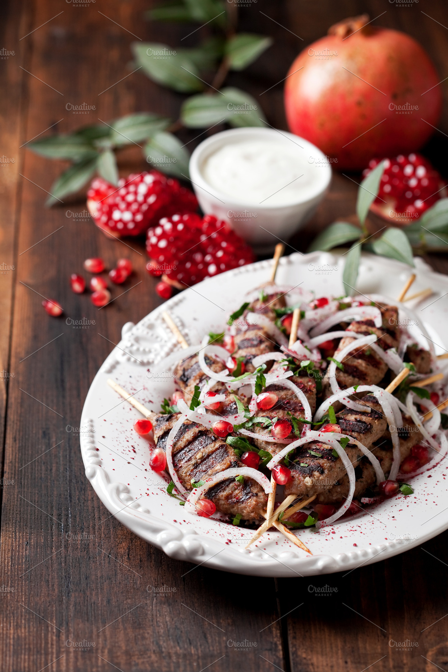 Grilled minced meat skewers kebabs containing background, barbecue, and beef, a Food & Drink Photo by Y. A. Photo