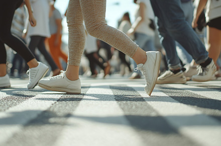 Closeup of people legs crossing the street on the crosswalk, a Person Photo by AlyaAnd