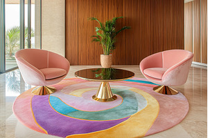 Modern interior with pink chairs, a Background Photo by Lermont51