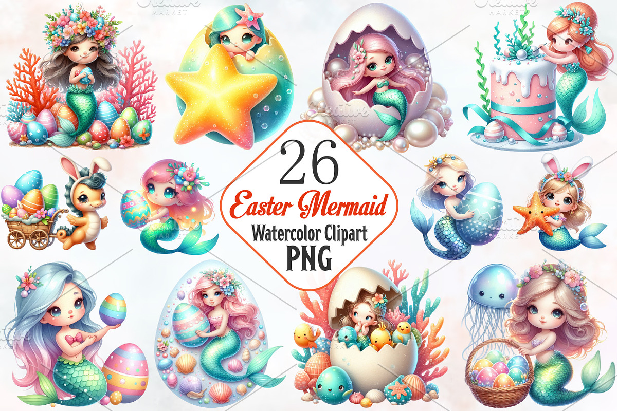 Easter Mermaid Sublimation Clipart, an Illustration by RobertsArt (Photo 1 of 7)