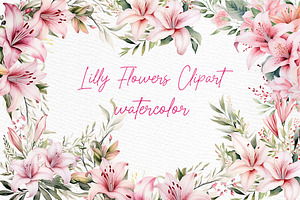 Pink Lily Flowers Clipart Watercolor, a Decorative Illustration by LeCoqDesign