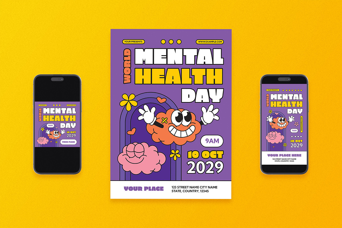 Retro Mental Health Day Flyer Set, a Flyer Template by Aiyari Graphic (Photo 1 of 3)
