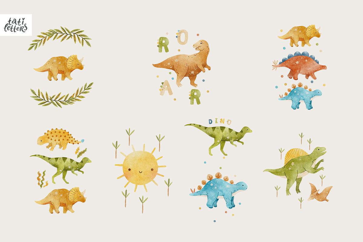 Watercolor Dinosaur clipart patterns, an Animal Illustration by tatiletters (Photo 11 of 11)