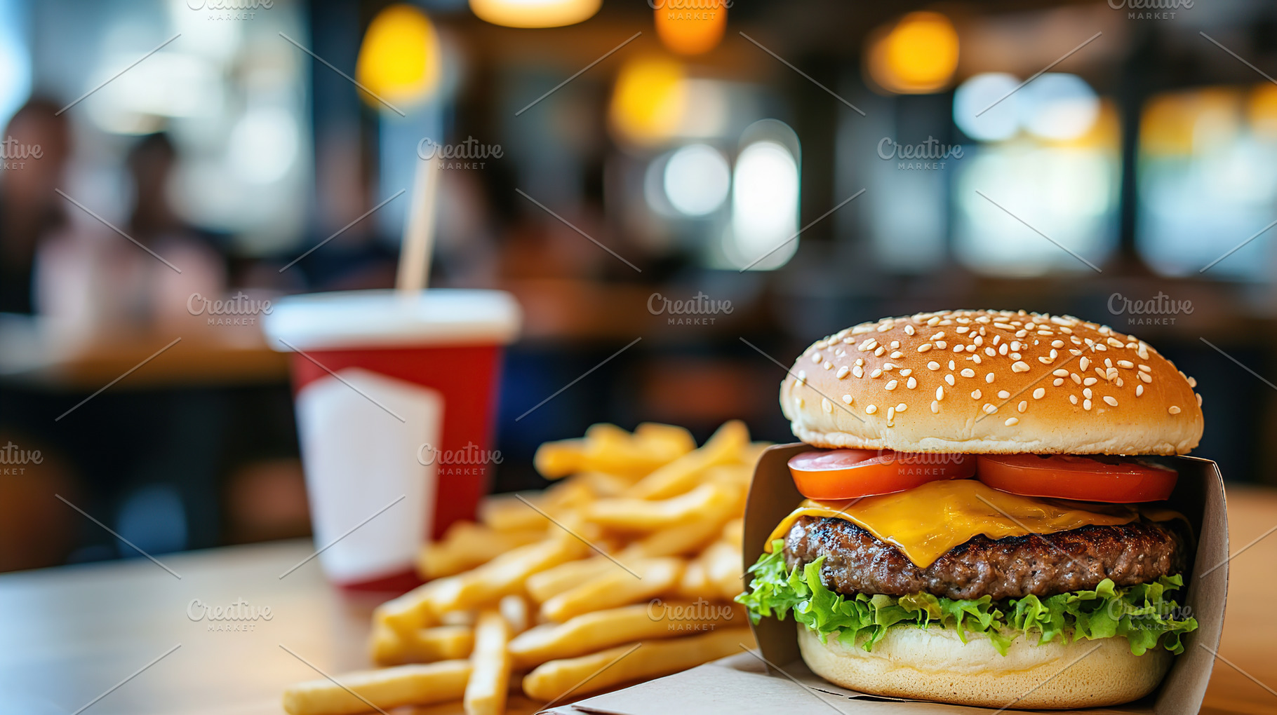 Burger with baked potatoes on blurred fast food restaurant backg, a Food & Drink Photo by AlyaAnd