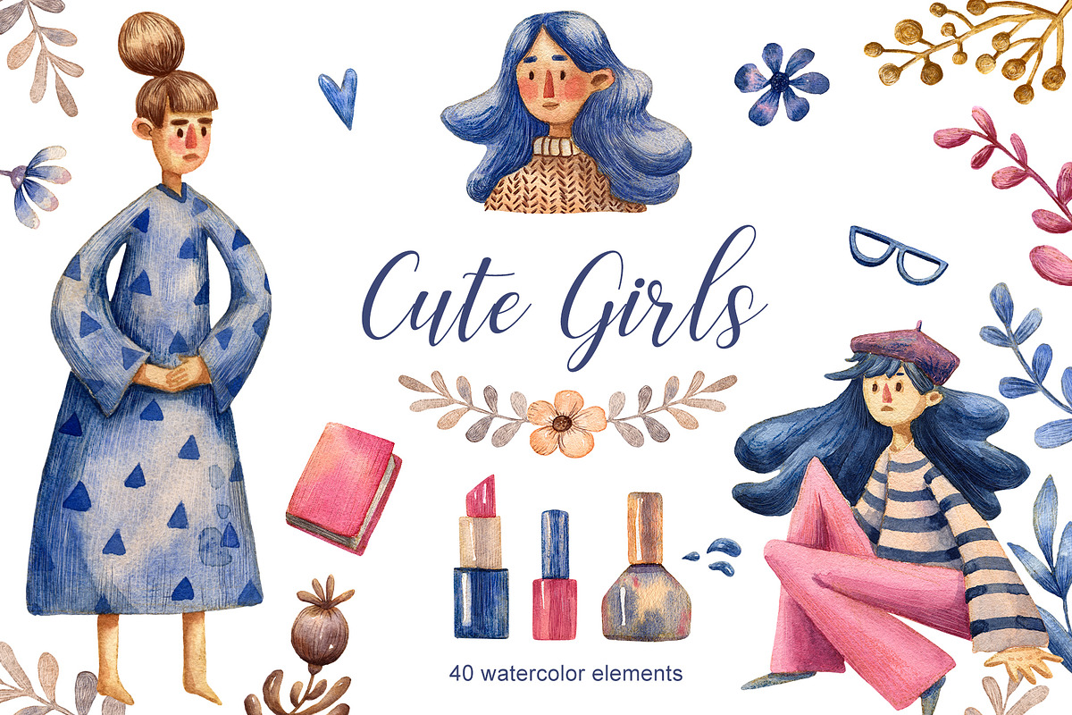 Cute Girls - Watercolor Clip Art Set, a Person Illustration by Mashamashastu (Photo 1 of 12)