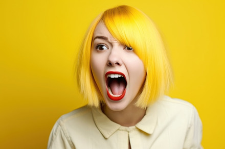 Yellow hair girl angry and mad screaming frustrated and furious, a Person Photo by AS photostudio