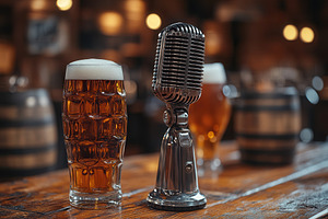 Microphone stands beside two glasses, a Photo by Tanuart