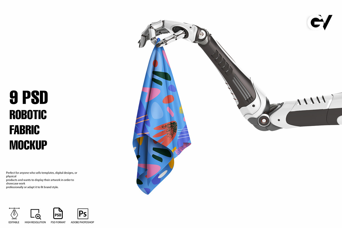 9 Robotic Arm Holding Fabric Mockup, a Mockup by GraphicVil (Photo 1 of 12)
