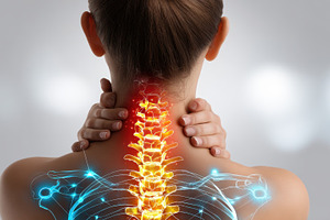 Woman with neck pain spinal anatomy, a Photo by Pixeness Studio