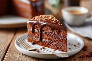 Indulgent slice of rich chocolate sponge cake served in a cozy cafe setting, a Food & Drink Photo by AlyaAnd