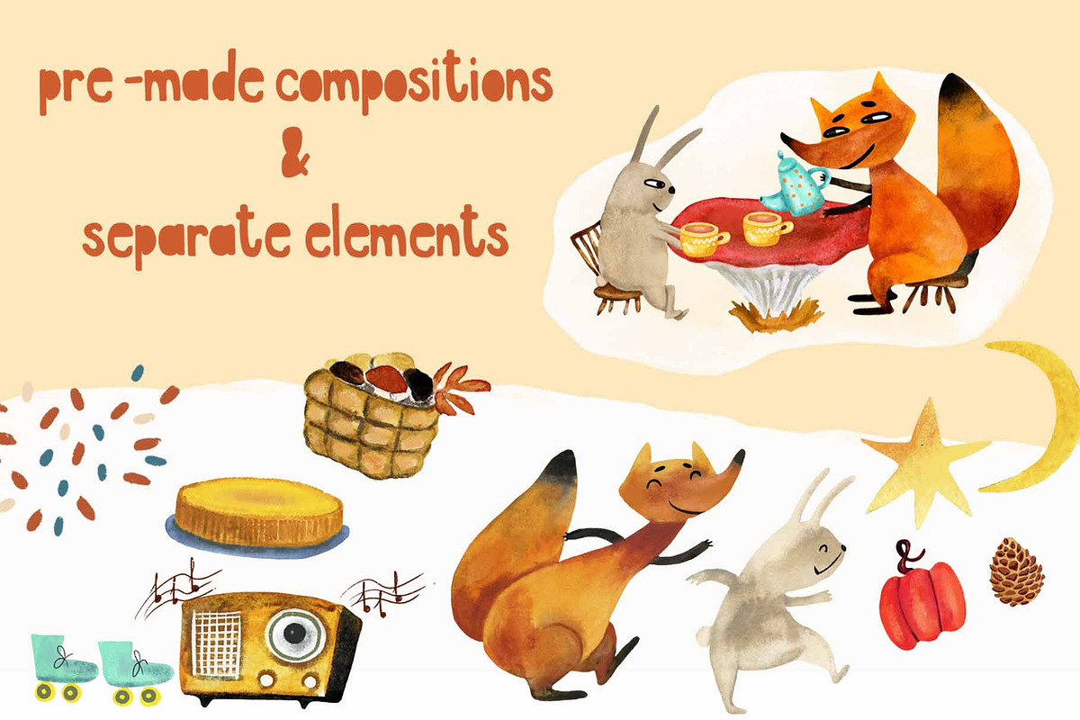 Watercolor fox rabbit autumn clipart, an Object Graphic by NataLyaroArt (Photo 3 of 14)