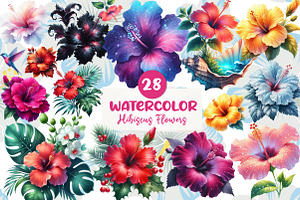 Watercolor Hibiscus Flowers Clipart, an Illustration by CreationArt