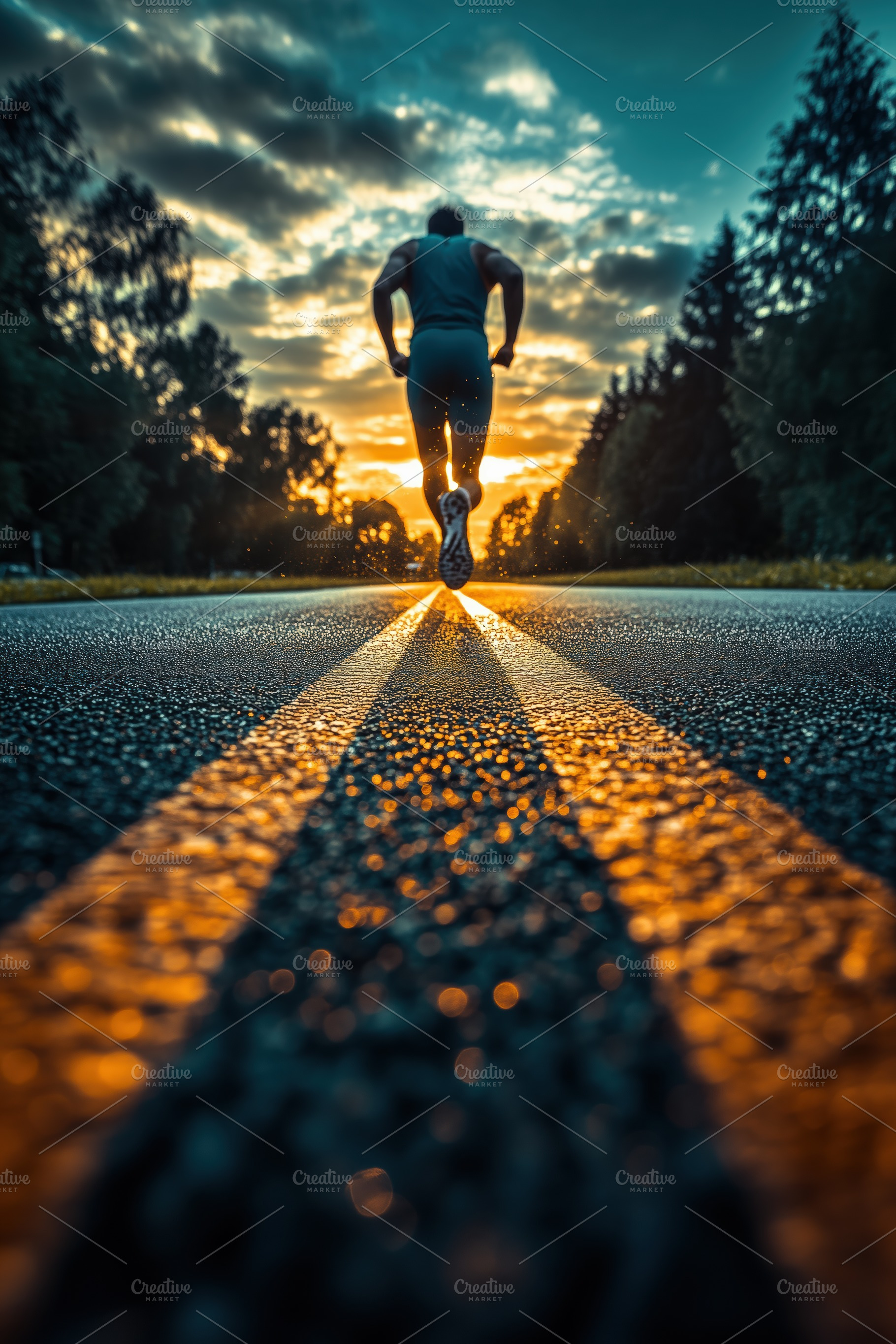 A silhouette of a runner on a road during sunset, with vibrant colors in the sk, a Person Photo by Textures & Backgrounds