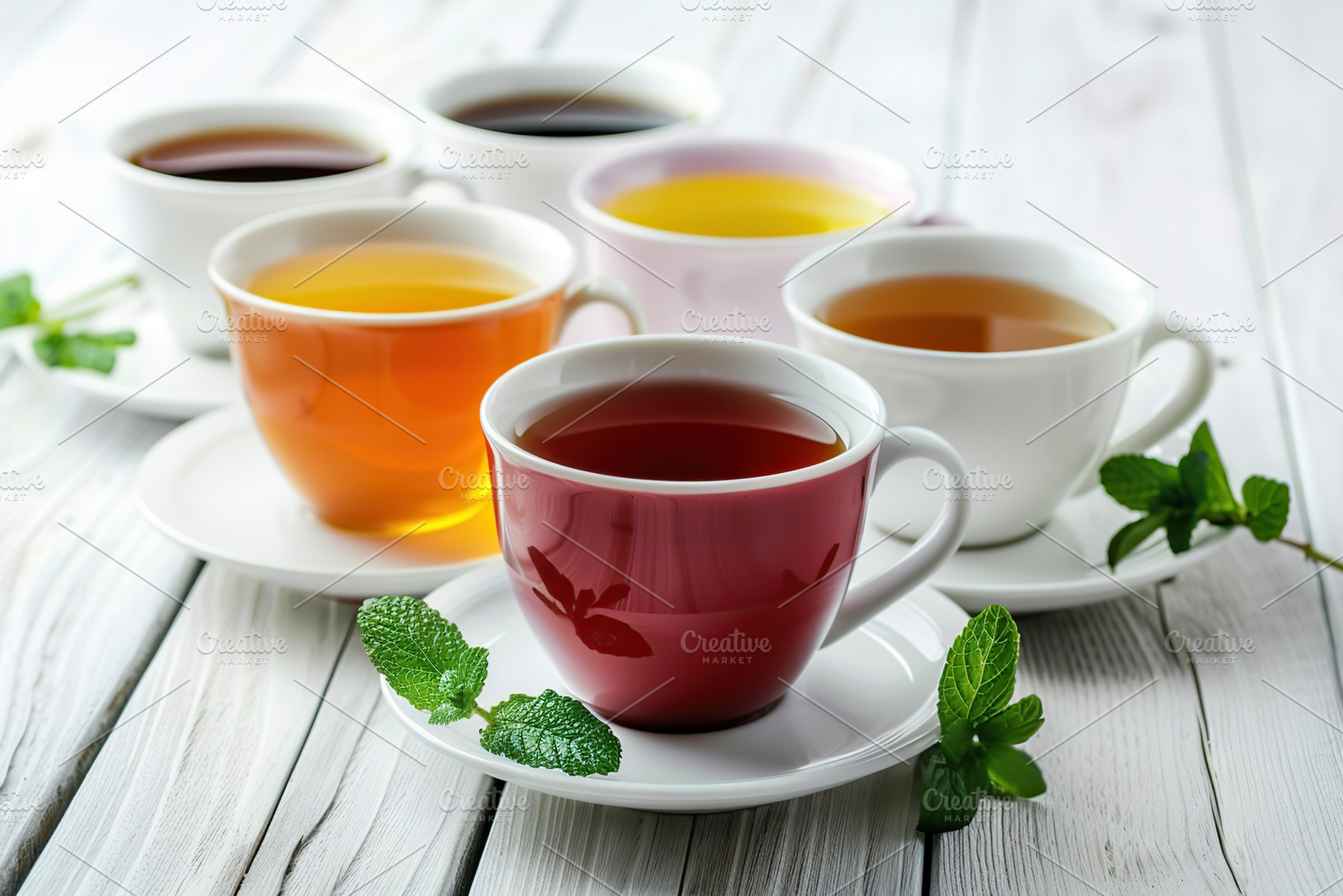 Different cups of aromatic tea on wooden table, a Food & Drink Photo by AlyaAnd