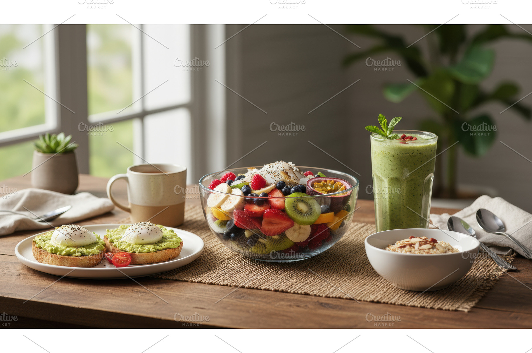 Healthy breakfast spread with, a Food & Drink Photo by Igor Tichonow