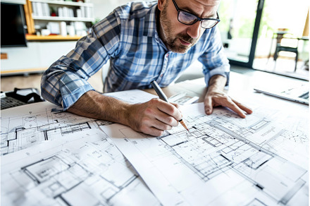 Architect draw building plans, an Industrial Photo by Ylivdesign