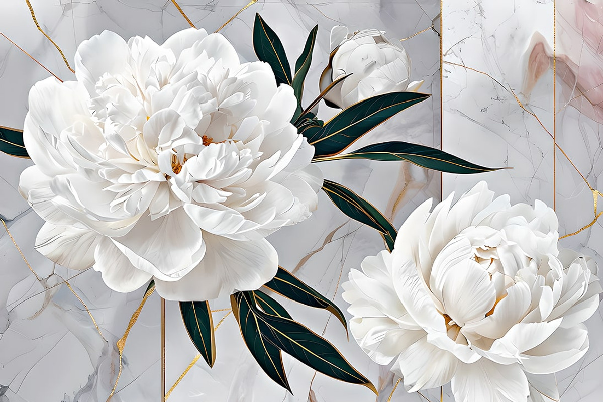 White Peonies Art On Marble Texture, an Illustration by Liubovi Samoilova SHOP