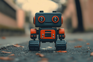 A small, colorful toy robot with large eyes and a friendly expression, standing, a Person Photo by Textures & Backgrounds