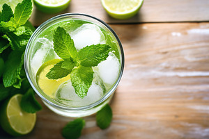 Flat lay of alcoholic mojito with ice and mint on wooden background, a Food & Drink Photo by AlyaAnd