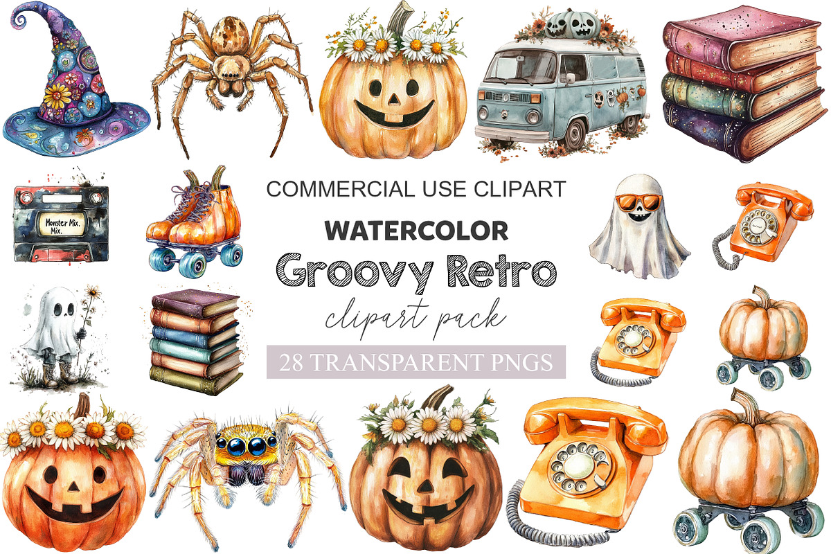 Groovy Retro Halloween Clipart, a Work Illustration by cherrydesign (Photo 1 of 3)