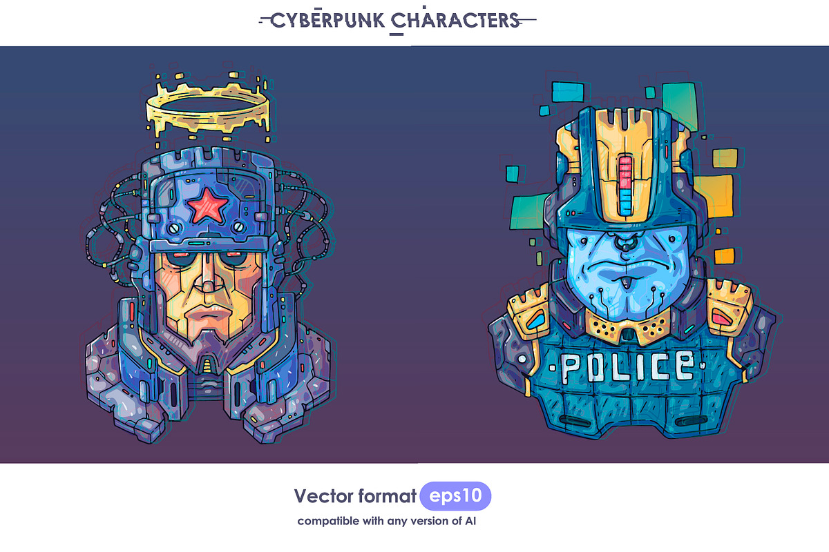 16 Cyberpunk Characters, a Technology Illustration by Andrew_Derr (Photo 6 of 8)