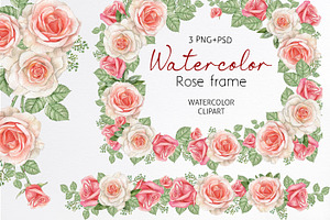 Watercolor rose border frame clipart, an Illustration by yana.fefelova