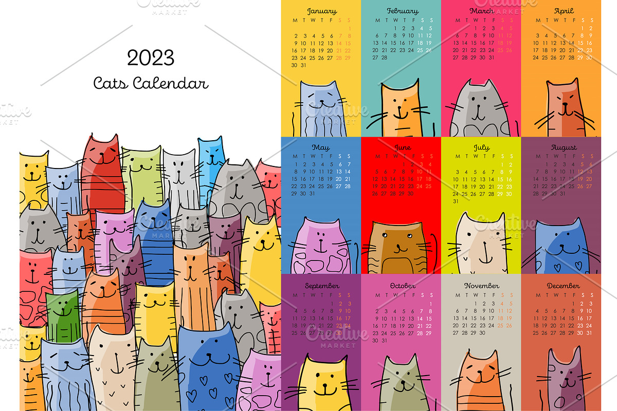 Calendar template, funny cats family, an Object Graphic by Kudryashka
