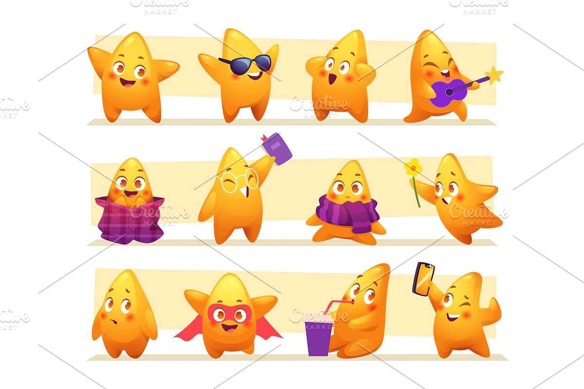 Stars characters. Funny mascot stars, an Illustration by Onyx
