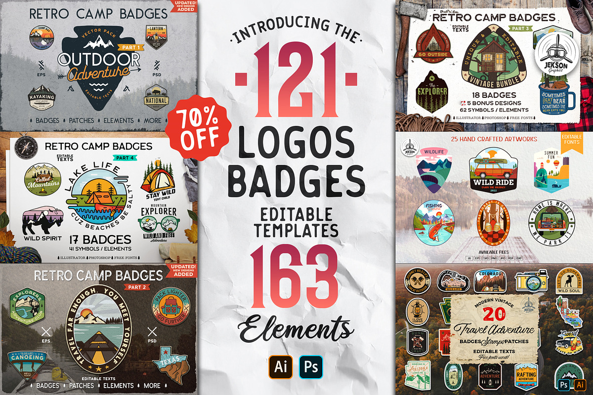 Vintage Camp Badge Logo Mega Kit, a Branding & Logo Template by JeksonGraphics (Photo 1 of 37)