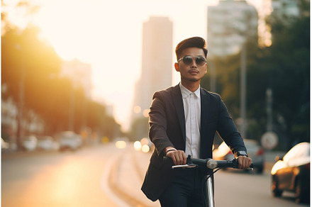 Asian riding electric scooter, a Person Photo by Ylivdesign
