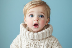 Surprised Toddler in Cozy Sweater on Colorful Background, an Abstract Photo by Natalia Klenova's Shop