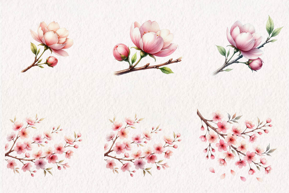 Watercolor Cherry Blossoms Clipart, a Seasonal Illustration by CreationArt (Photo 3 of 7)