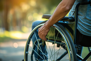 Male hand on wheelchair in the park with sunlights, a Photo by AlyaAnd