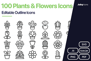 100 Plants & Flowers Line Icons