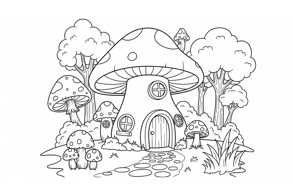 Whimsical Mushroom House Line Art bu, an Illustration by Designs_River (Photo 39 of 51)