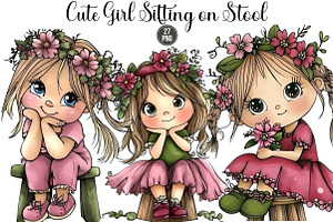 Cute Girl Sitting on Stool Clipart, an Illustration by DreamArtGraphic