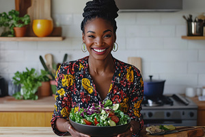 Smiling woman enjoys fresh organic, a Photo by Pavel_design