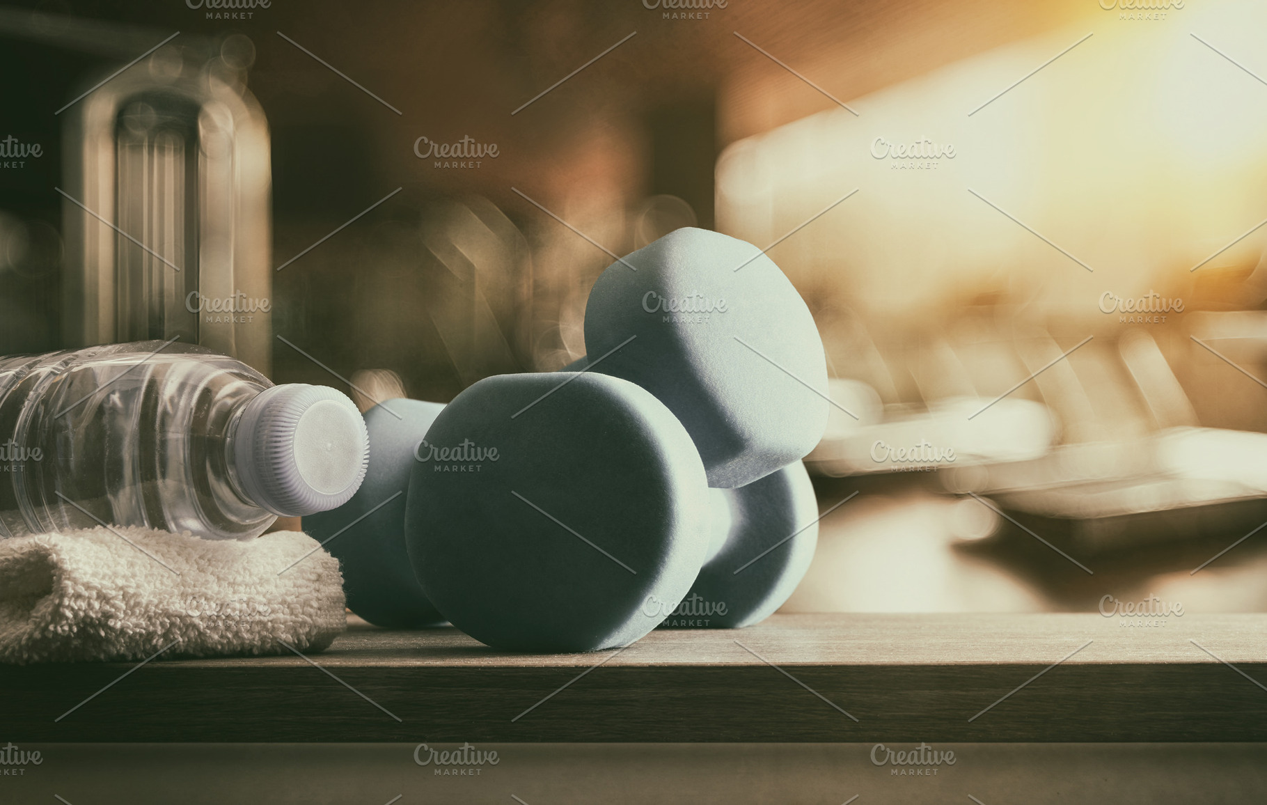 Blue Dumbbells with Water Bottle in Gym, a Sports & Recreation Photo by Davizro's Market